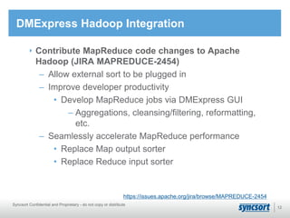 DMExpress Hadoop Integration
Contribute MapReduce code changes to Apache
Hadoop (JIRA MAPREDUCE-2454)
– Allow external sort to be plugged in
– Improve developer productivity
• Develop MapReduce jobs via DMExpress GUI
– Aggregations, cleansing/filtering, reformatting,
etc.
– Seamlessly accelerate MapReduce performance
• Replace Map output sorter
• Replace Reduce input sorter
https://issues.apache.org/jira/browse/MAPREDUCE-2454
Syncsort Confidential and Proprietary - do not copy or distribute
12
 
