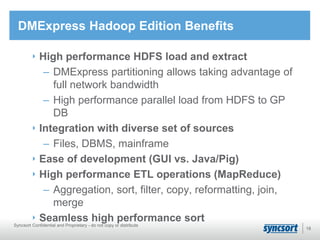 DMExpress Hadoop Edition Benefits
High performance HDFS load and extract
– DMExpress partitioning allows taking advantage of
full network bandwidth
– High performance parallel load from HDFS to GP
DB
Integration with diverse set of sources
– Files, DBMS, mainframe
Ease of development (GUI vs. Java/Pig)
High performance ETL operations (MapReduce)
– Aggregation, sort, filter, copy, reformatting, join,
merge
Seamless high performance sort
18
Syncsort Confidential and Proprietary - do not copy or distribute
 