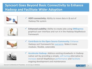 Syncsort Goes Beyond Basic Connectivity to Enhance
Hadoop and Facilitate Wider Adoption
 HDFS connectivity: Ability to move data in & out of
Hadoop file system
 Enhanced usability: Ability to create jobs using DMExpress
graphical user interface and run it in the Hadoop MapReduce
framework
 Contribute to the Open Source Community: Enhance
Hadoop sort framework for everyone. Make it more
modular, flexible, extensible
 Accelerate Hadoop: Address existing drawbacks in Hadoop
native sort by providing a simple, self-tuning alternative to
increase overall MapReduce performance and facilitate
ongoing development and maintenance
5
Syncsort Confidential and Proprietary - do not copy or distribute
 