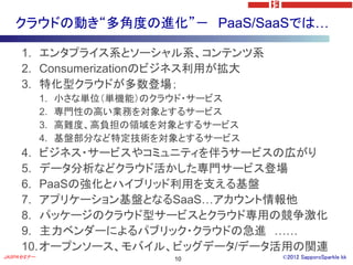 クラウドの動き“多角度の進化”－ PaaS/SaaSでは…

     1. エンタプライス系とソーシャル系、コンテンツ系
     2. Consumerizationのビジネス利用が拡大
     3. 特化型クラウドが多数登場；
            1.   小さな単位（単機能）のクラウド・サービス
            2.   専門性の高い業務を対象とするサービス
            3.   高難度、高負担の領域を対象とするサービス
            4.   基盤部分など特定技術を対象とするサービス
     4. ビジネス・サービスやコミュニティを伴うサービスの広がり
     5. データ分析などクラウド活かした専門サービス登場
     6. PaaSの強化とハイブリッド利用を支える基盤
     7. アプリケーション基盤となるSaaS…アカウント情報他
     8. パッケージのクラウド型サービスとクラウド専用の競争激化
     9. 主力ベンダーによるパブリック・クラウドの急進 ……
     10. オープンソース、モバイル、ビッグデータ/データ活用の関連
JASPAセミナー                    10         ©2012 SapporoSparkle kk
 