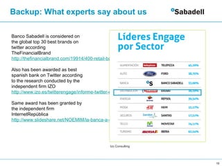 Backup: What experts say about us

Banco Sabadell is considered on
the global top 30 best brands on
twitter according
TheF...