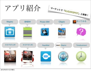 アプリ紹介                                マーケ
                                            ットで
                                                「SUG
                                                     A  RSPO
                                                            T」と
                                                                  検索！


     Wepho       BNBW     Picton BW          Clippic       きいてみる




    おるすばんLW     おるすばんSC     RapidMail          Mapino      TimeAjustment




2012年9月17日月曜日
 