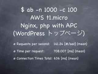 $ ab -n 1000 -c 100
     AWS t1.micro
  Nginx, php with APC
(WordPress トップページ)
 Requests per second:   141.24 [#/sec] (mean)

 Time per request:      708.007 [ms] (mean)

 Connection Times Total: 636 [ms] (mean)
 