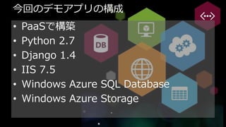今回のデモアプリの構成
•   PaaSで構築
•   Python 2.7
•   Django 1.4
•   IIS 7.5
•   Windows Azure SQL Database
•   Windows Azure Storage
 