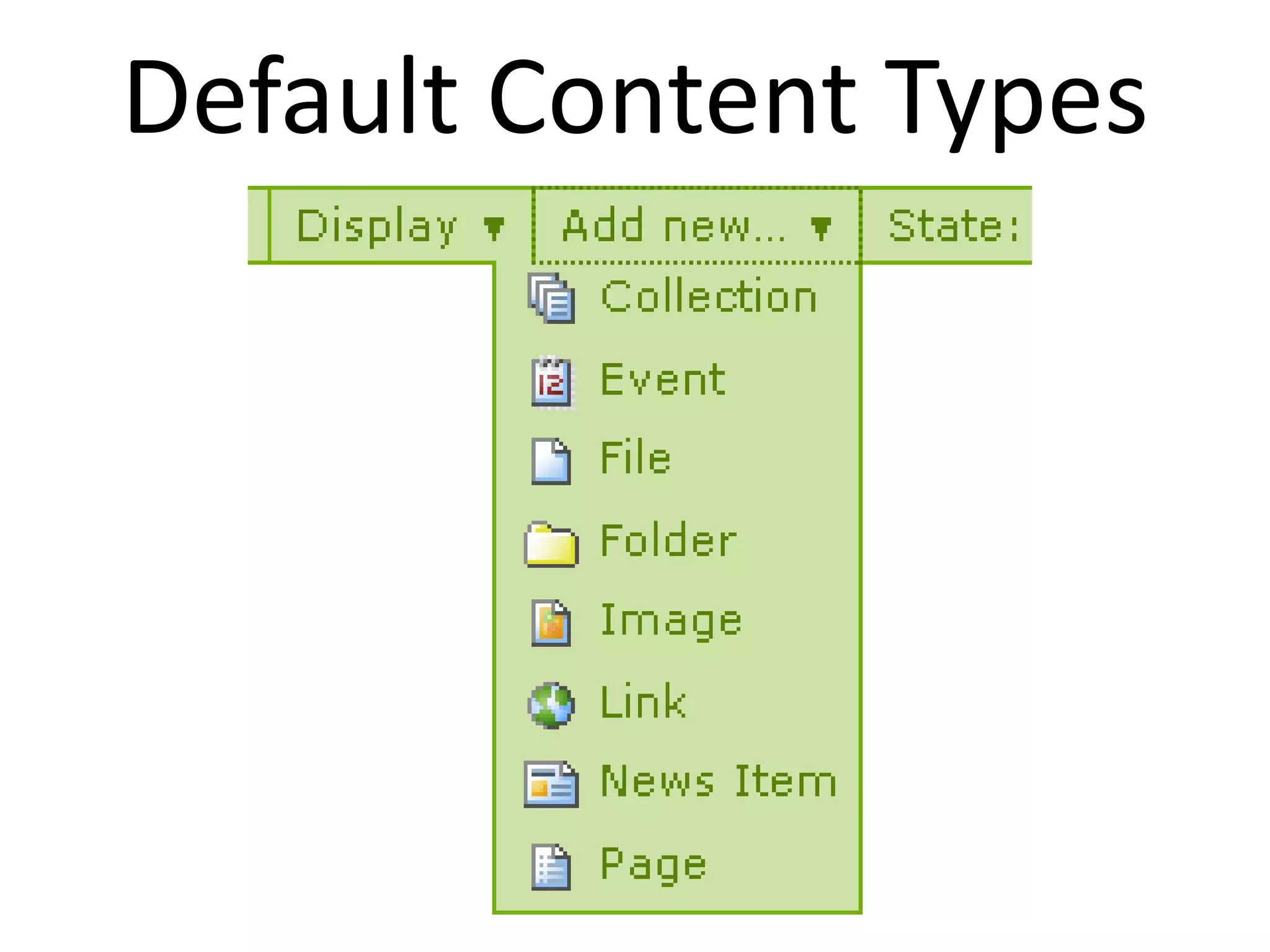 Default Content Types
   Page        Folder
   News Item   Collection
   Event
   Image
   File
   Link
 