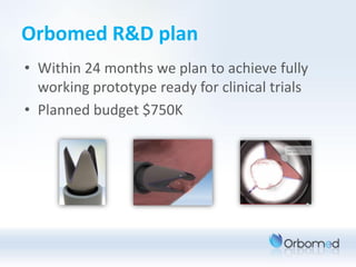 Orbomed R&D plan
• Within 24 months we plan to achieve fully
  working prototype ready for clinical trials
• Planned budget $750K
 