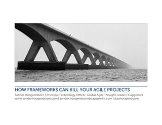 HOW FRAMEWORKS CAN KILL YOUR AGILE PROJECTS
Sander Hoogendoorn | Principal Technology Officer, Global Agile Thought Leader | Capgemini
www.sanderhoogendoorn.com | sander.hoogendoorn@capgemini.com | @aahoogendoorn
 