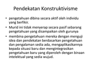 Pendekatan Konstruktivisme
• pengetahuan dibina secara aktif oleh individu
  yang berfikir.
• Murid ini tidak menyerap secara pasif sebarang
  pengetahuan yang disampaikan oleh gurunya
• membina pengetahuan mereka dengan menguji
  idea dan pendekatan berdasarkan pengetahuan
  dan pengalaman sedia ada, mengaplikasikannya
  kepada situasi baru dan mengintegrasikan
  pengetahuan baru yang diperoleh dengan binaan
  intelektual yang sedia wujud.
 