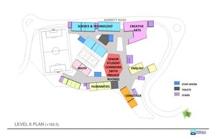 BORRETT ROAD
                        SCIENCE & TECHNOLOGY          CREATIVE
                                                        ARTS




                                         SENIOR
                                        STUDENT
                        MATH           COMMONS        ENGLISH
                                          (WITH
                                        PRIVATE
                                        ROOMS)
                                                                 STAFF ROOM
                               HUMANITIES
                                                                 TOILETS

                                                  LANGUAGE       STAIRS




LEVEL 6 PLAN (+162.5)
 