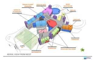 SENIOR STUDENT   CREATIVE ARTS                     MUSIC
                   COMMONS                                        AUDITORIUM

     SCIENCE &                                                            ENGLISH
    TECHNOLOGY




                                                                               LANGUAGE




                                                                           ADMISSION
     BO OAD
       RR
       R




               LRC
                                                  HUMANITIES
         ET




                                                               HOUSE MEETING ROOM
           T




                            MATHEMATICS
AERIAL VIEW FROM WEST
 