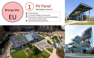 Energy Use
               1            PV Panel
                            [PhotoVoltaic System]

              As Roof Shades


  EU
              To convert sunlight into electricity
              Photovoltaic installation provides the Building
               with part of its Power needs
              More efficient than BIPV Panel
 
