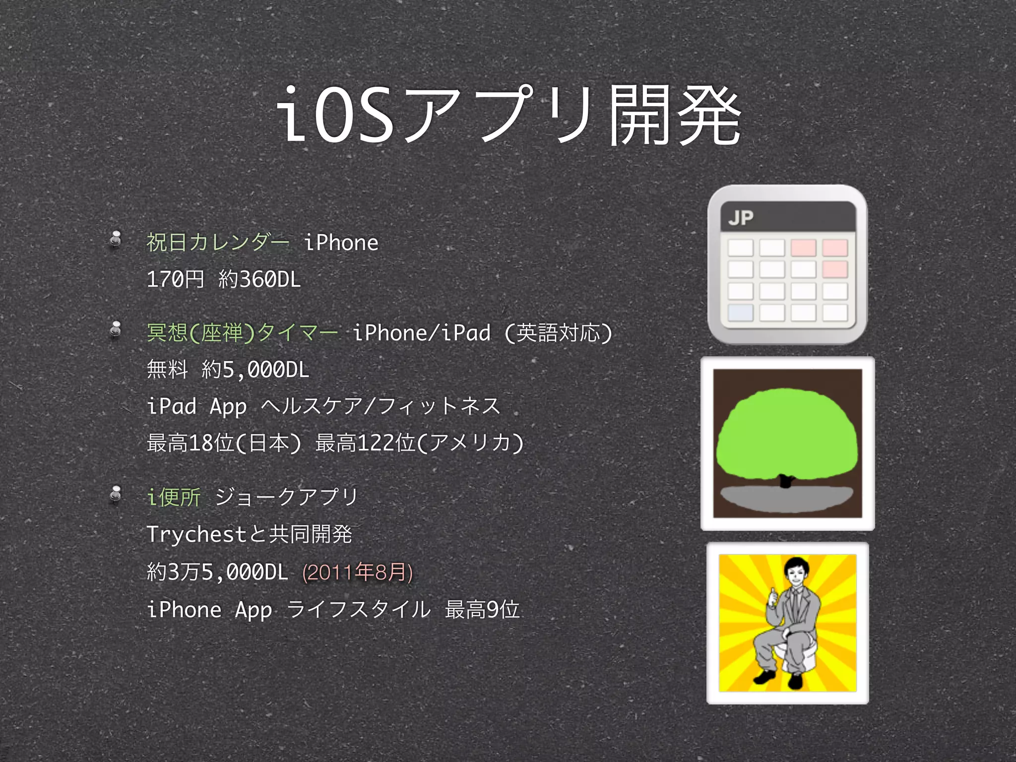 iOSアプリ開発
祝日カレンダー iPhone
170円 約360DL

冥想(座禅)タイマー iPhone/iPad (英語対応)
無料 約5,000DL
iPad App ヘルスケア/フィットネス
最高18位(日本) 最高122位(アメリカ)

i便所 ジョークアプリ
Trychestと共同開発
約3万5,000DL (2011年8月)
iPhone App ライフスタイル 最高9位
 