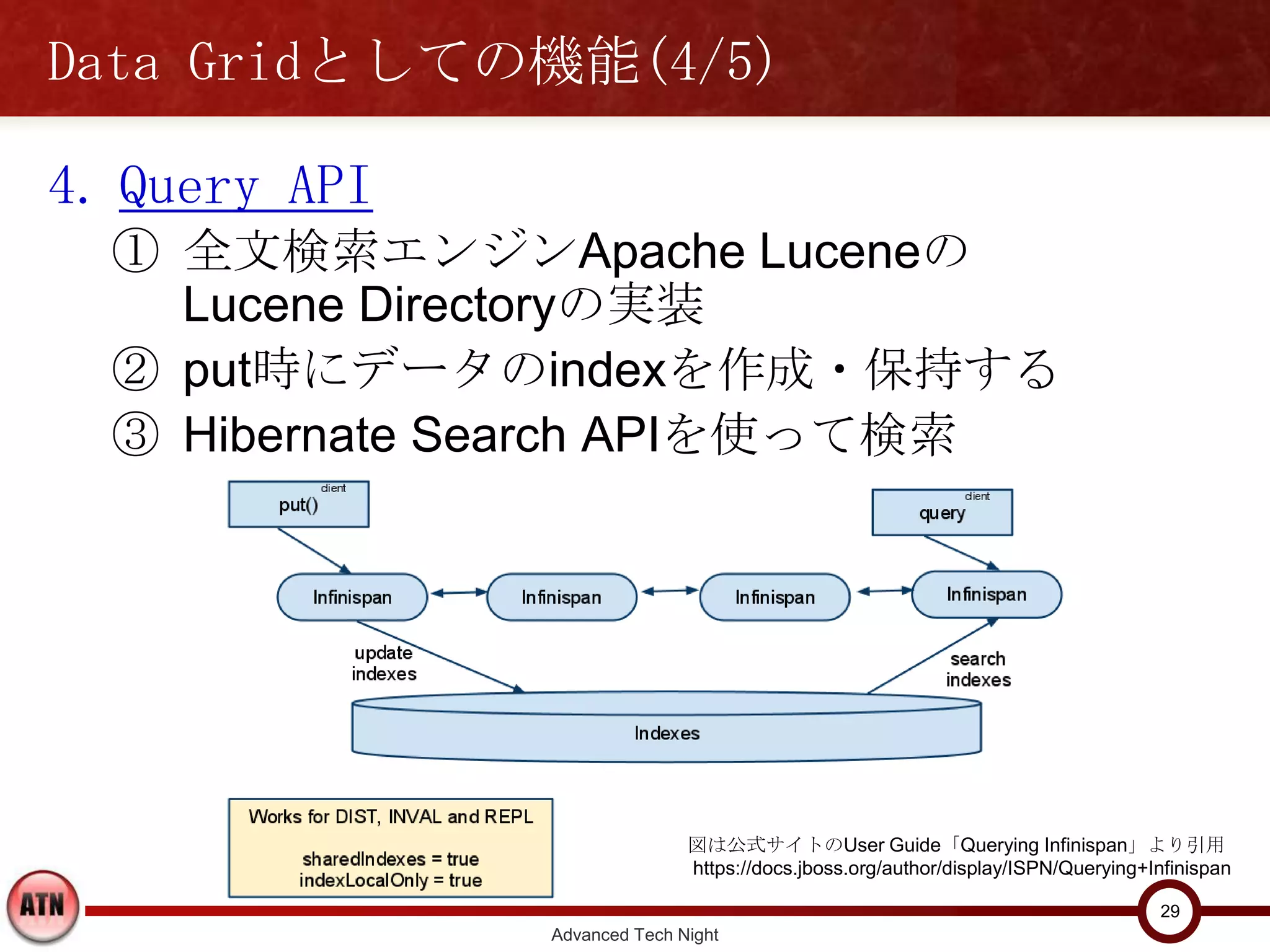 Data Gridとしての機能(4/5)

4. Query API
  ① 全文検索エンジンApache Luceneの
    Lucene Directoryの実装
  ② put時にデータのindexを作成・保持する
  ③ Hibernate Search APIを使って検索




                              図は公式サイトのUser Guide「Querying Infinispan」より引用
                              https://docs.jboss.org/author/display/ISPN/Querying+Infinispan

                                                                                    29
               Advanced Tech Night
 