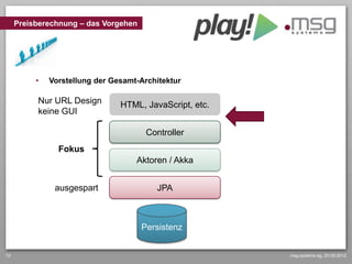 Preisberechnung – das Vorgehen




          •   Vorstellung der Gesamt-Architektur

          Nur URL Design        HTML, JavaScript, etc.
          keine GUI

                                       Controller
                Fokus
                                    Aktoren / Akka


               ausgespart                JPA



                                      Persistenz


12                                                       msg systems ag, 20.09.2012
 