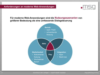 Anforderungen an moderne Web-Anwendungen




        Für moderne Web-Anwendungen sind die Nutzungsszenarien von
        größerer Bedeutung als eine umfassende Dialogsteuerung

                                               Betrieb
                                               • IaaS / PaaS
                                               • schwankende
                                                 Nutzung




                                          Akka




                          Skalierbarkeit                            Integration
                          • fluktuierende            Play           • Apps
                            Nutzung                                 • Mash-Ups
                          • Wechselnder
                            Bedarf




3                          Autor/Datum über „Einfügen“ -> „Kopf-/Fußzeile“ anpassen   msg systems ag, tt.mm.jj
 