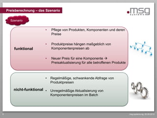 Preisberechnung – das Szenario

      Szenario


                          •   Pflege von Produkten, Komponenten und deren
                              Preise

                          •   Produktpreise hängen maßgeblich von
        funktional            Komponentenpreisen ab

                          •   Neuer Preis für eine Komponente 
                              Preisaktualisierung für alle betroffenen Produkte



                          •   Regelmäßige, schwankende Abfrage von
                              Produktpreisen

        nicht-funktional • Unregelmäßige Aktualisierung von
                              Komponentenpreisen im Batch




9                                                                                 msg systems ag, 20.09.2012
 