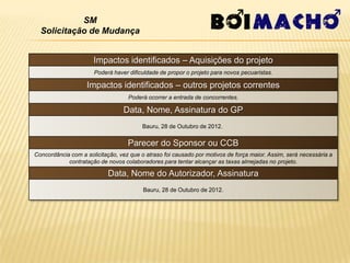 SM
  Solicitação de Mudança


                      Impactos identificados – Aquisições do projeto
                      Poderá haver dificuldade de propor o projeto para novos pecuaristas.

                   Impactos identificados – outros projetos correntes
                                   Poderá ocorrer a entrada de concorrentes.

                                 Data, Nome, Assinatura do GP
                                         Bauru, 28 de Outubro de 2012.


                                   Parecer do Sponsor ou CCB
Concordância com a solicitação, vez que o atraso foi causado por motivos de força maior. Assim, será necessária a
            contratação de novos colaboradores para tentar alcançar as taxas almejadas no projeto.

                           Data, Nome do Autorizador, Assinatura
                                         Bauru, 28 de Outubro de 2012.
 