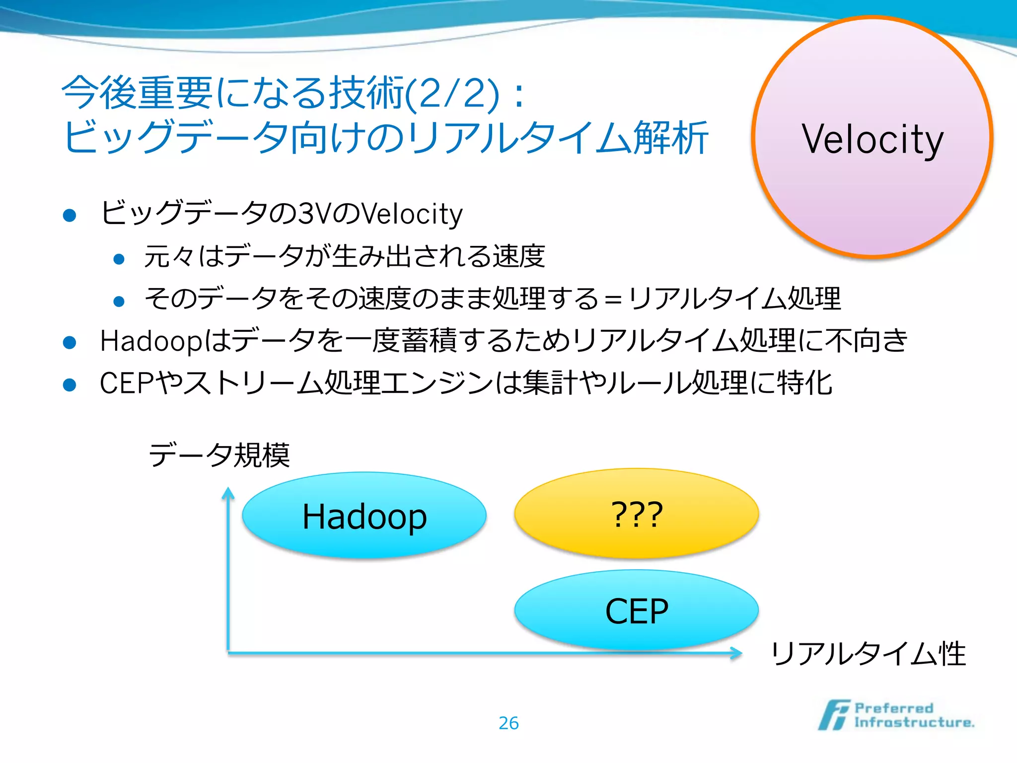今後重要になる技術(2/2)：
ビッグデータ向けのリアルタイム解析                  Velocity
l  ビッグデータの3VのVelocity
     l  元々はデータが⽣生み出される速度度

     l  そのデータをその速度度のまま処理理する＝リアルタイム処理理

l  Hadoopはデータを⼀一度度蓄積するためリアルタイム処理理に不不向き
l  CEPやストリーム処理理エンジンは集計やルール処理理に特化


      データ規模

              Hadoop        ???

                            CEP
                                  リアルタイム性

                       26
 