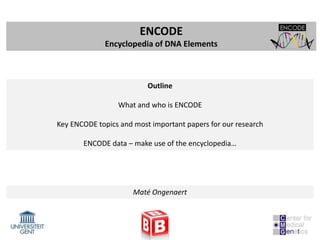 ENCODE
             Encyclopedia of DNA Elements



                          Outline

                 What and who is ENCODE

Key ENCODE topics and most important papers for our research

       ENCODE data – make use of the encyclopedia…




                      Maté Ongenaert
 