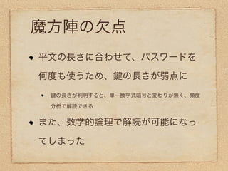 魔方陣の欠点
平文の長さに合わせて、パスワードを

何度も使うため、      の長さが弱点に
  の長さが判明すると、単一換字式暗号と変わりが無く、頻度

 分析で解読できる


また、数学的論理で解読が可能になっ

てしまった
 