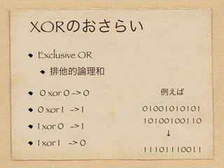 XORのおさらい
Exclusive OR
   排他的論理和

0 xor 0 -> 0         例えば

0 xor 1 -> 1   0 1 00 1 0 1 0 1 0 1
               1 0 1 00 1 00 1 1 0
1 xor 0 -> 1
                  ↓
1 xor 1 -> 0
               1 1 1 0 1 1 1 00 1 1
 