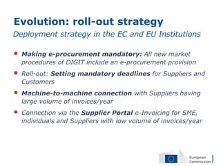Evolution: roll-out strategy
Deployment strategy in the EC and EU Institutions

•   Making e-procurement mandatory: All new market
    procedures of DIGIT include an e-procurement provision
•   Roll-out: Setting mandatory deadlines for Suppliers and
    Customers
•   Machine-to-machine connection with Suppliers having
    large volume of invoices/year
•   Connection via the Supplier Portal e-Invoicing for SME,
    individuals and Suppliers with low volume of invoices/year
 