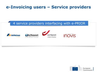 e-Invoicing users – Service providers



   4 service providers interfacing with e-PRIOR
 