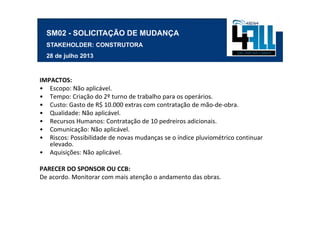 SM02 - SOLICITAÇÃO DE MUDANÇA
  STAKEHOLDER: CONSTRUTORA
  28 de julho 2013



IMPACTOS:
• Escopo: Não aplicável.
• Tempo: Criação do 2º turno de trabalho para os operários.
• Custo: Gasto de R$ 10.000 extras com contratação de mão-de-obra.
• Qualidade: Não aplicável.
• Recursos Humanos: Contratação de 10 pedreiros adicionais.
• Comunicação: Não aplicável.
• Riscos: Possibilidade de novas mudanças se o índice pluviométrico continuar
   elevado.
• Aquisições: Não aplicável.

PARECER DO SPONSOR OU CCB:
De acordo. Monitorar com mais atenção o andamento das obras.
 