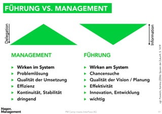 FÜHRUNG VS. MANAGEMENT
Delegation




                                                                                          Information
                                                                                                        vgl. Poostchi, Kambiz (2006): Spuren der Zukunft. S. 141ff
             MANAGEMENT
                                FÜHRUNG

             ▶    Wirken im System
                     ▶    Wirken am System
             ▶    Problemlösung
                        ▶    Chancensuche
             ▶    Qualität der Umsetzung
               ▶    Qualität der Vision / Planung
             ▶    Effizienz
                            ▶    Effektivität
             ▶    Kontinuität, Stabilität
              ▶    Innovation, Entwicklung
             ▶    dringend
                             ▶    wichtig

                                         PM Camp meets InterFace AG                                     17
 