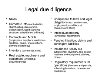 Legal due diligence

    NDAs                                   
                                               Compliance to laws and legal
                                               obligations (tax, environment,

    Corporate info (capitalisation,            employment, conditions of
    shareholding, directorship,                contracts and titles)
    authorisation, good standing,
    structure, subsidiaries, affiliates)   
                                               Intellectual property
                                               (ownership, registration)

    Contracts and MOUs
    (employees, suppliers, customers,      
                                               Pending litigation, claims and
    creditors, banks, share options,           contingent liabilities
    powers of attorney)
                                           
                                               Insurances (validity and

    Inventory (ownership, risks)               subsistence, inventory, real estate,

    Real estate, machinery and                 machine and equipment, all risks,
                                               others)
    equipment (ownership,
    encumbrances)                          
                                               Regulatory requirements for
                                               operations (licences and permits,
                                               subsisting breaches, renewals and
                                               conditions)
 