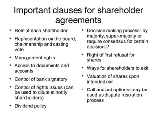 Important clauses for shareholder
               agreements

    Role of each shareholder        
                                        Decision making process- by
                                        majority, super-majority or

    Representation on the board,
                                        require consensus for certain
    chairmanship and casting
                                        decisions?
    vote
                                    
                                        Right of first refusal for

    Management rights
                                        shares

    Access to documents and         
                                        Ways for shareholders to exit
    accounts
                                    
                                        Valuation of shares upon

    Control of bank signatory
                                        intended exit

    Control of rights issues (can   
                                        Call and put options- may be
    be used to dilute minority
                                        used as dispute resolution
    shareholders)
                                        process

    Dividend policy
 
