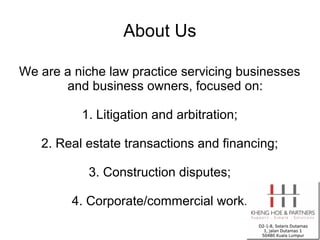 About Us

We are a niche law practice servicing businesses
       and business owners, focused on:

          1. Litigation and arbitration;

   2. Real estate transactions and financing;

           3. Construction disputes;

         4. Corporate/commercial work.
 