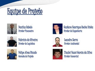 Equipe de Projeto

     Danilus Rebelo         Gustavo Henrique Rocha Hioka
     Diretor Financeiro     Diretor de Engenharia


     Fabrício de Oliveira   Leandro Serra
     Diretor de Logística   Diretor Ambiental


     Felipe Alves Bicudo    Tiaslei Vasni Garcia da Silva
     Gerente do Projeto     Diretor Comercial
 