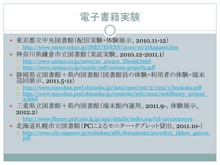 電子書籍実験

 東京都立中央図書館（配信実験・体験展示、2010.11-12）
   http://www.metro.tokyo.jp/INET/EVENT/2010/10/21kap400.htm

 神奈川県鎌倉市立図書館（実証実験、2010.12-2011.1）
   http://www.unisys.co.jp/news/nr_101201_libeaid.html
   http://www.unisys.co.jp/unicity/pdf/soumu-project2.pdf

 静岡県立図書館＋県内図書館（図書館員の体験・利用者の体験・端末
  巡回展示、2011.5-11）
     http://www.tosyokan.pref.shizuoka.jp/data/open/cnt/3/1332/1/houkoku.pdf
     http://www.tosyokan.pref.shizuoka.jp/contents/info/2012/weblibrary_project_
      2.html
 三重県立図書館＋県内図書館（端末館内運用、2011.9-。体験展示、
  2012.2）
     http://www.library.pref.mie.lg.jp/app/details/index.asp?cd=2012020019
 北海道札幌市立図書館（PCによるモニター・タブレット貸出、2011.10-）
   http://www.city.sapporo.jp/toshokan/elib/documents/20110815_jikken_gaiyou.
    pdf
 