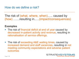 Page  28
How do we define a risk?
The risk of (what, where, when)….. caused by
(how) ……resulting in..…(impact/consequences)
Examples
 The risk of financial deficit at end of year caused by
decreased in-patient activity and revenue, resulting in
rationalisation of service offerings.
 The risk of exceeding A&E waiting times, caused by
increased demand and staff vacancies, resulting in not
meeting community expectations and adverse patient
outcomes
 