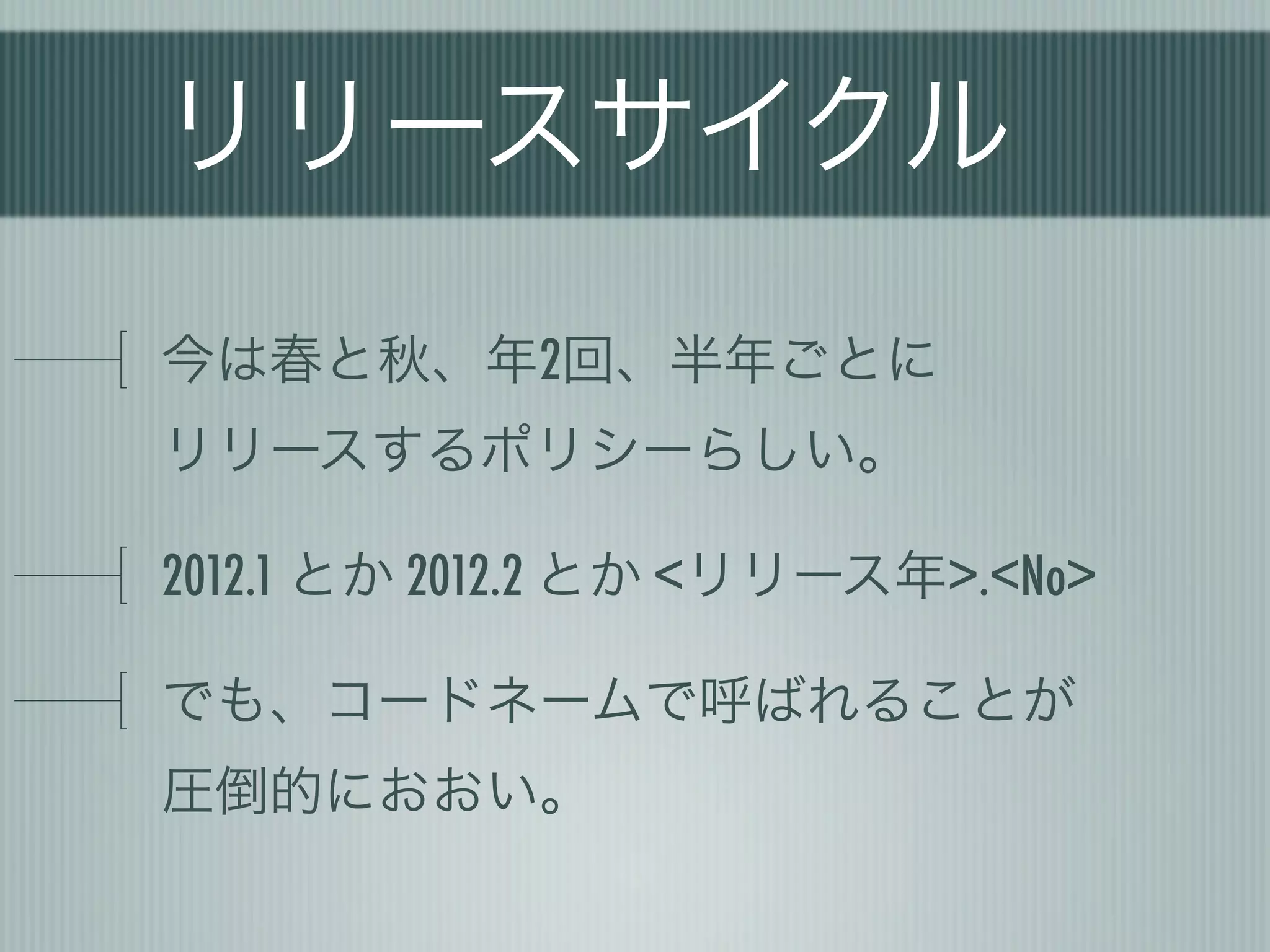 リリースサイクル
今は春と秋、年2回、半年ごとに
リリースするポリシーらしい。

2012.1 とか 2012.2 とか <リリース年>.<No>

でも、コードネームで呼ばれることが
圧倒的におおい。
 