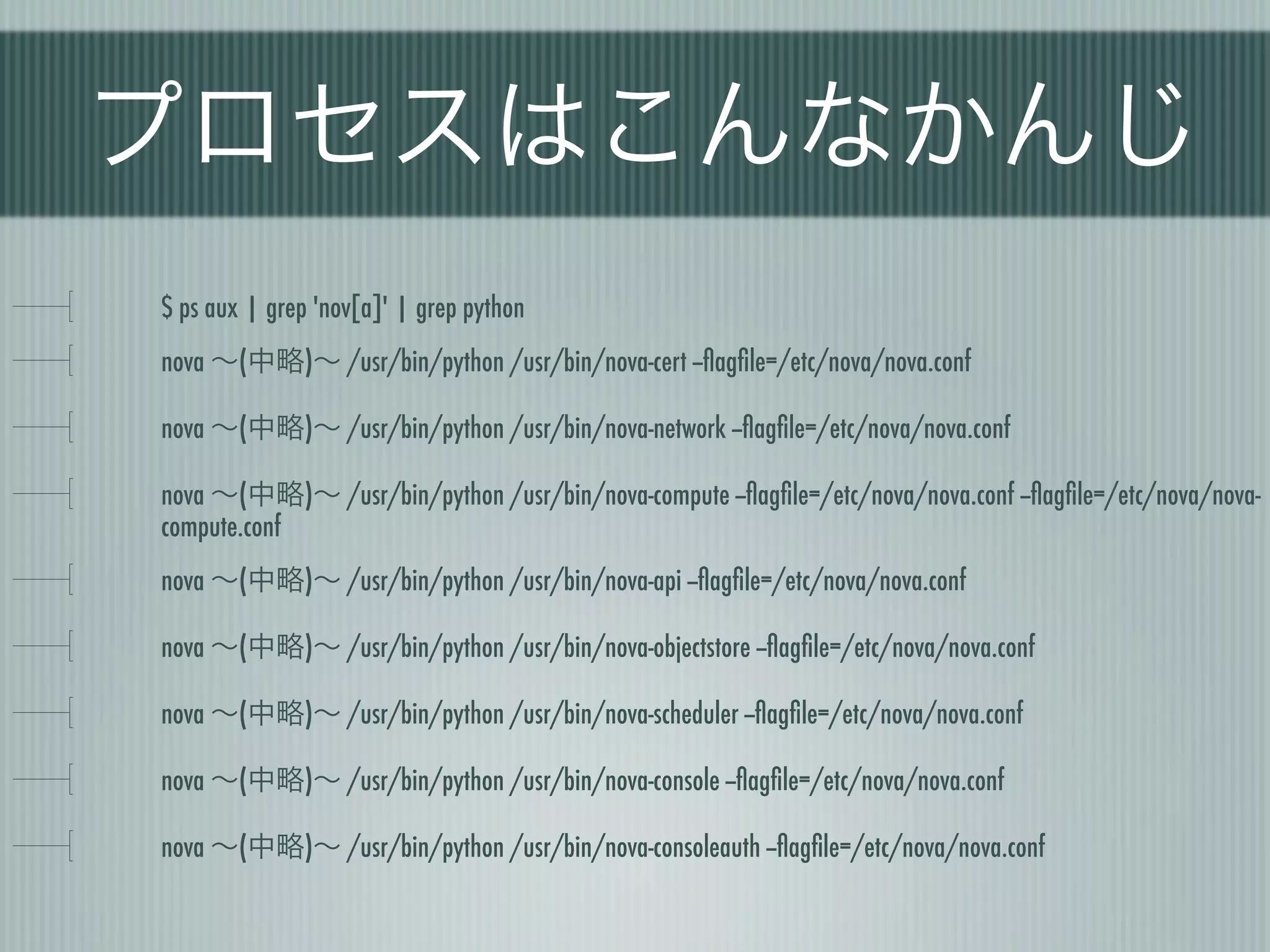 プロセスはこんなかんじ
$ ps aux | grep 'nov[a]' | grep python
nova ∼(中略)∼ /usr/bin/python /usr/bin/nova-cert --ﬂagﬁle=/etc/nova/nova.conf

nova ∼(中略)∼ /usr/bin/python /usr/bin/nova-network --ﬂagﬁle=/etc/nova/nova.conf

nova ∼(中略)∼ /usr/bin/python /usr/bin/nova-compute --ﬂagﬁle=/etc/nova/nova.conf --ﬂagﬁle=/etc/nova/nova-
compute.conf
nova ∼(中略)∼ /usr/bin/python /usr/bin/nova-api --ﬂagﬁle=/etc/nova/nova.conf

nova ∼(中略)∼ /usr/bin/python /usr/bin/nova-objectstore --ﬂagﬁle=/etc/nova/nova.conf

nova ∼(中略)∼ /usr/bin/python /usr/bin/nova-scheduler --ﬂagﬁle=/etc/nova/nova.conf

nova ∼(中略)∼ /usr/bin/python /usr/bin/nova-console --ﬂagﬁle=/etc/nova/nova.conf

nova ∼(中略)∼ /usr/bin/python /usr/bin/nova-consoleauth --ﬂagﬁle=/etc/nova/nova.conf
 