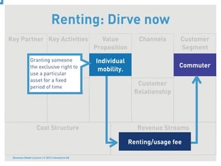 Renting: Dirve now
Key Partner Key Activities                           Value         Channels     Customer
                                                  Proposition                   Segment
               Granting someone                   Individual
               the exclusive right to                                           Commuter
                                                   mobility.
               use a particular
               asset for a ﬁxed
               period of time
                              Key                                 Customer
                                 Resources                       Relationship




                    Cost Structure                                Revenue Streams

                                                                Renting/usage fee

 Business Model Lecture | © 2012 relevantive AG
 