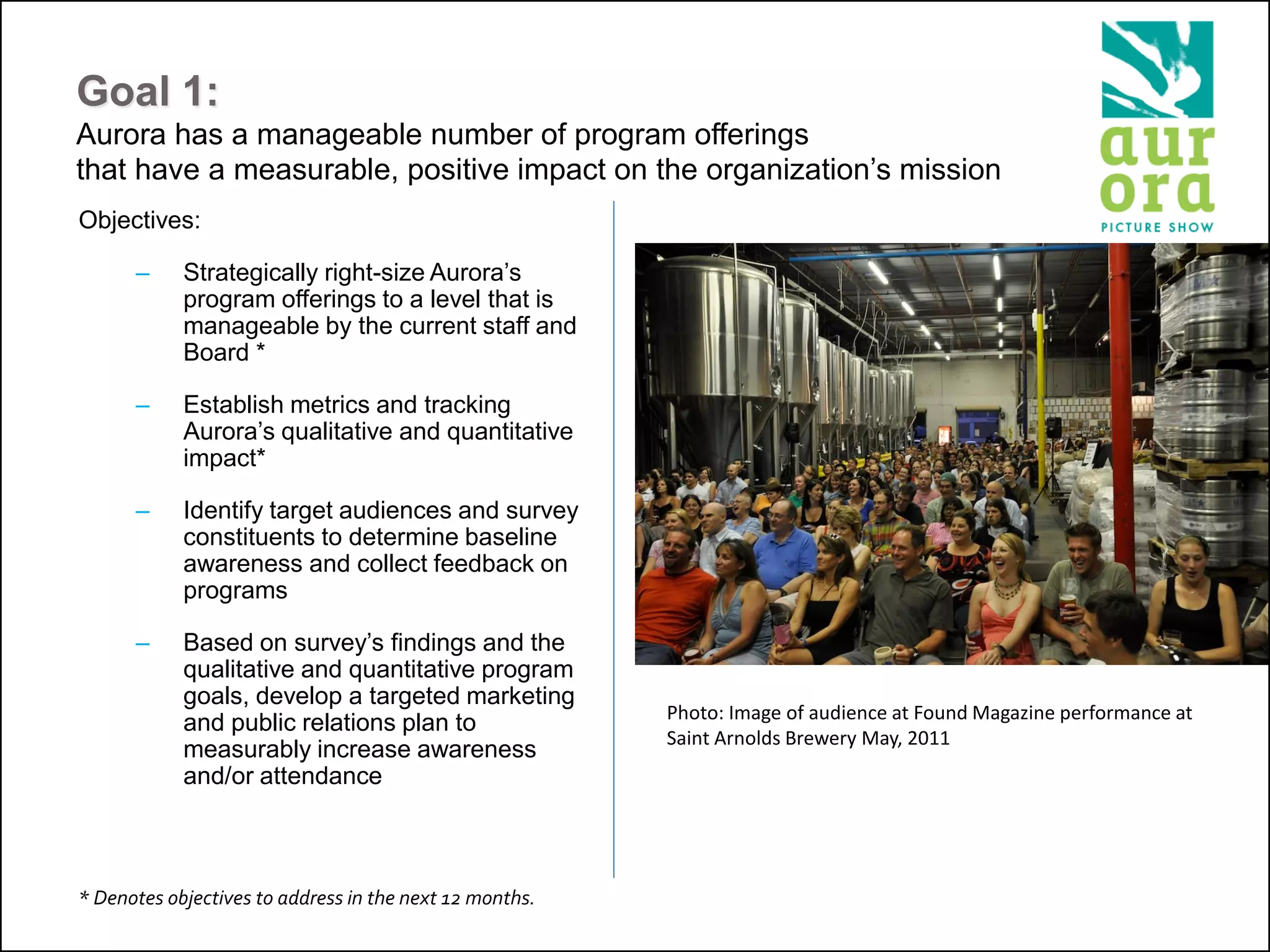 Goal 1:
Aurora has a manageable number of program offerings
that have a measurable, positive impact on the organization’s mission
Objectives:
– Strategically right-size Aurora’s
program offerings to a level that is
manageable by the current staff and
Board *
– Establish metrics and tracking
Aurora’s qualitative and quantitative
impact*
– Identify target audiences and survey
constituents to determine baseline
awareness and collect feedback on
programs
– Based on survey’s findings and the
qualitative and quantitative program
goals, develop a targeted marketing
and public relations plan to
measurably increase awareness
and/or attendance
* Denotes objectives to address in the next 12 months.
Photo: Image of audience at Found Magazine performance at
Saint Arnolds Brewery May, 2011
 