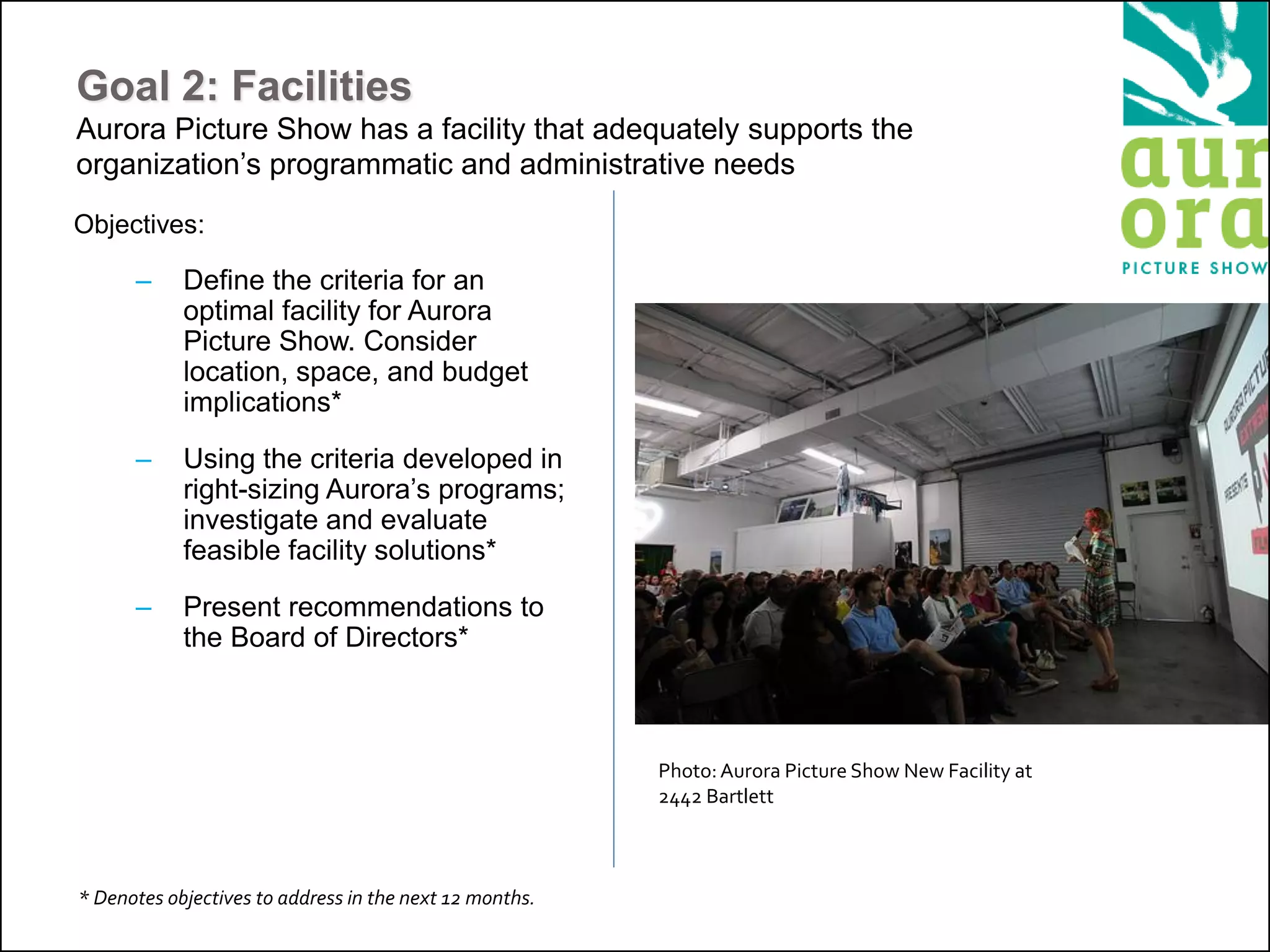 Goal 2: Facilities
Aurora Picture Show has a facility that adequately supports the
organization’s programmatic and administrative needs
Objectives:
– Define the criteria for an
optimal facility for Aurora
Picture Show. Consider
location, space, and budget
implications*
– Using the criteria developed in
right-sizing Aurora’s programs;
investigate and evaluate
feasible facility solutions*
– Present recommendations to
the Board of Directors*
* Denotes objectives to address in the next 12 months.
Photo:Aurora Picture Show New Facility at
2442 Bartlett
 