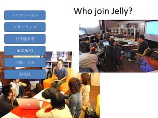 ノマドワーカー
           Who join Jelly?
フリーランス

会社経営者

 NGO/NPO


主婦・主夫

 会社員
 