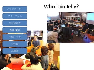 ノマドワーカー
           Who join Jelly?
フリーランス

会社経営者

 NGO/NPO


主婦・主夫

 会社員

 高齢者
 