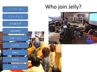 ノマドワーカー
           Who join Jelly?
フリーランス

会社経営者

 NGO/NPO


主婦・主夫

 会社員

 高齢者

 高校生

  旅人
 