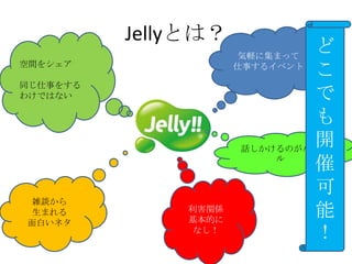 Jellyとは？
                      気軽に集まって
                              ど
空間をシェア               仕事するイベント
                              こ
同じ仕事をする
わけではない                        で
                              も
                              開
                      話しかけるのがルー
                          ル
                              催
                              可
雑談から
生まれる
面白いネタ
              利害関係
              基本的に
                              能
               なし！
                              ！
 