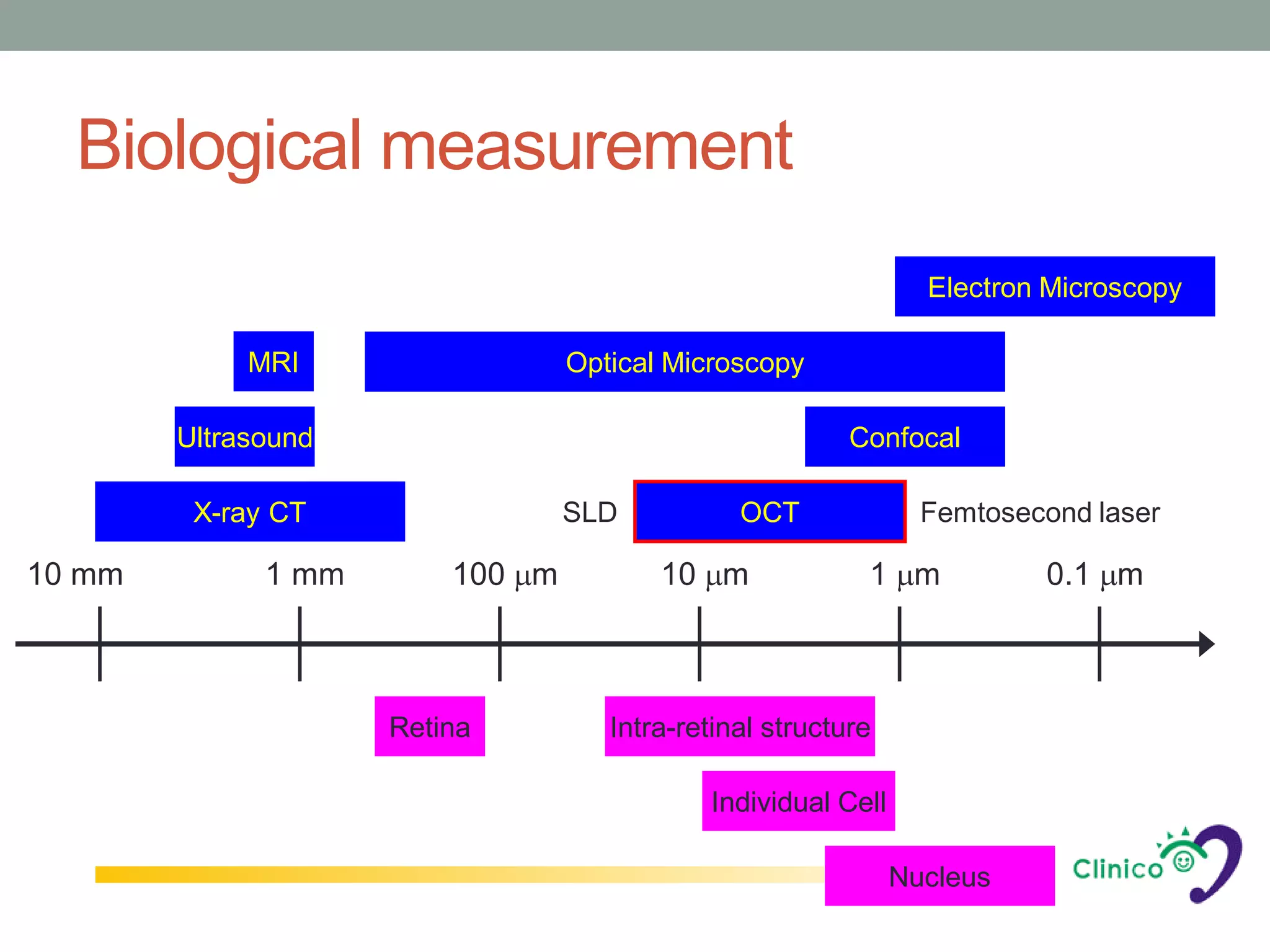 Biological measurement
                                                                 Electron Microscopy

             MRI                  Optical Microscopy

        Ultrasound                                        Confocal

         X-ray CT                 SLD           OCT              Femtosecond laser

10 mm         1 mm       100 µm          10 µm             1 µm          0.1 µm



                     Retina          Intra-retinal structure

                                             Individual Cell

                                                               Nucleus
 