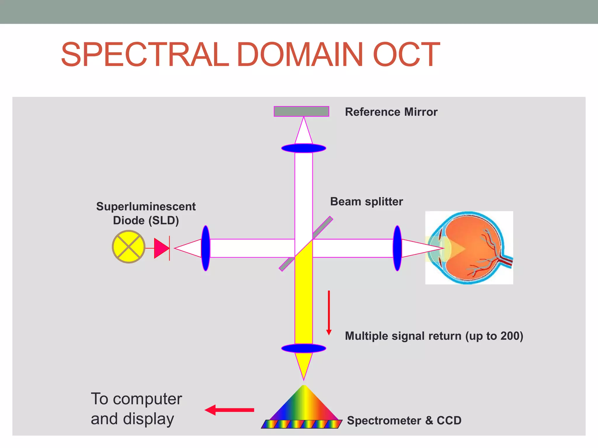 SPECTRAL DOMAIN OCT
                      Reference Mirror




 Superluminescent   Beam splitter
   Diode (SLD)




                      Multiple signal return (up to 200)




 To computer
 and display           Spectrometer & CCD
 
