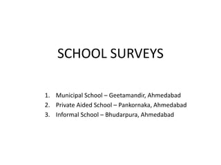 SCHOOL SURVEYS
1. Municipal School – Geetamandir, Ahmedabad
2. Private Aided School – Pankornaka, Ahmedabad
3. Informal School – Bhudarpura, Ahmedabad
 