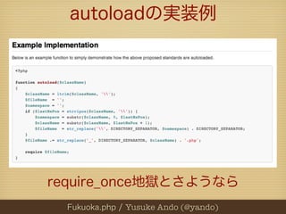 autoloadの実装例




require_once地獄とさようなら
  Fukuoka.php / Yusuke Ando (@yando)
 