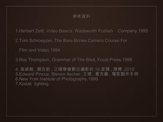 參考資料


1.Herbert Zettl, Video Basics, Wadsworth Publish   Company,1995

2.Tom Schroeppel, The Bare Bones Camera Course For

 Film and Video,1994

3.Roy Thompson, Grammar of The Shot, Focal Press,1998

4. 施威銘 , 賴吉欽 , 正確學會數位攝影的 16 堂課 , 旗標 ,2010
5.Edward Pincus, Steven Ascher, 王瑋 , 黃克義 , 電影製作手冊
6.New York Institute of Photography,1999
7.Kodak lighting.
 