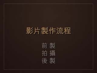 影片製作流程
  前製
  拍攝
  後製
 